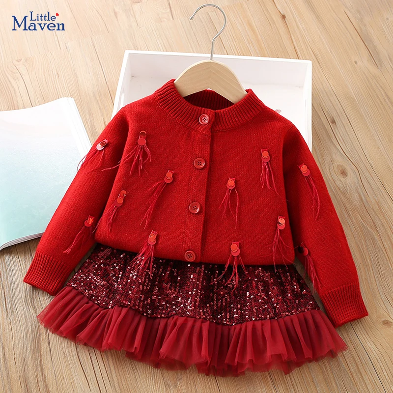 Little Maven Mädchen Boutique Kleidungssets für Mädchen Kinderkleidung Winterpullover + Kleid Pailletten Quaste Rock Outfits Set