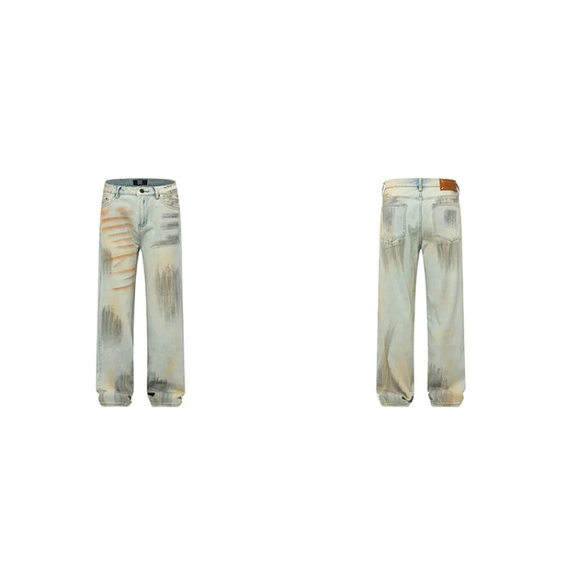 2024 Fall New High Street Tide Loose Straight Jeans Spersonalizowane, ręcznie malowane graffiti Retro Niebieskie długie spodnie męskie i damskie