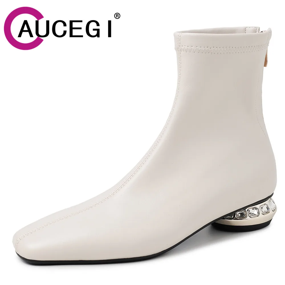

Aucegi/Осенне-зимние уютные ботильоны из мягкой искусственной кожи, женские элегантные модные современные туфли на молнии с квадратным носком и кристаллами на круглом каблуке