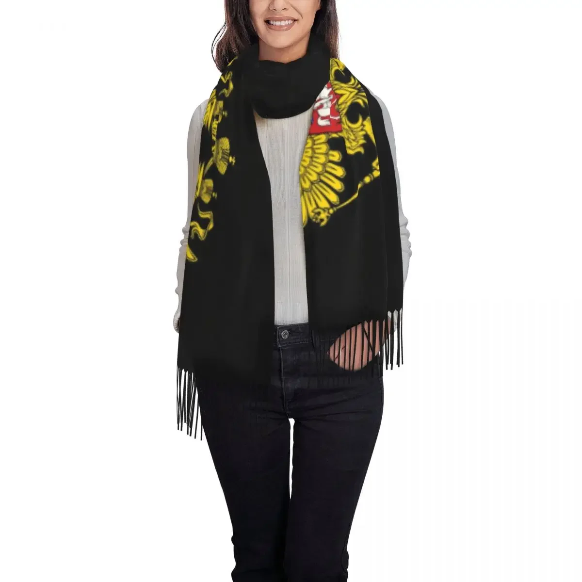 Stylish Coat Of Arms  Russia Tassel Scarf Women Winter Warm Shawls Wraps Female Emblem  Russian Federation Scarves