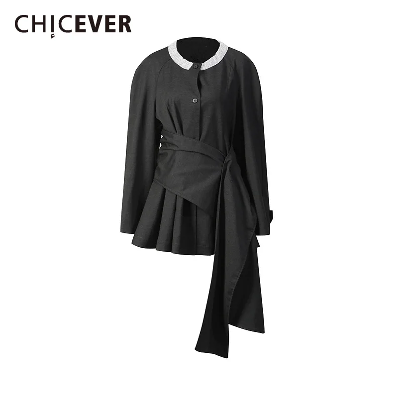 

CHICEVER Gray Spliced Beading Irregular Jacket Female O Neck Long Sleeve Loose Commute Design Women's Jackets Autumn Fashion New