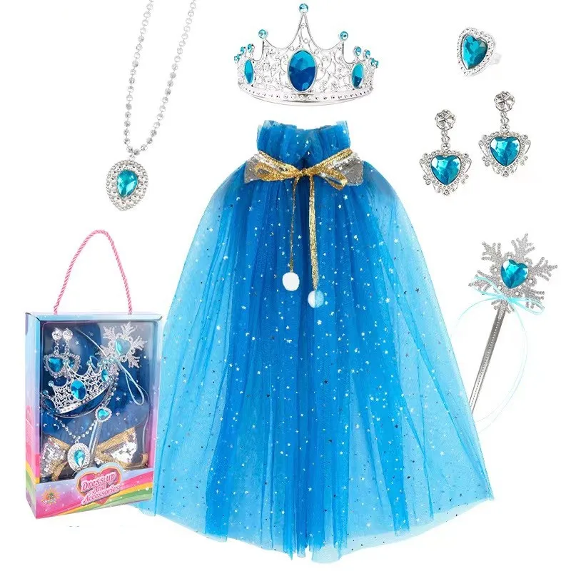 Girl Birthday Gift Toy Cape Cloak Magic Wand Crown Princess Role-Playing Gem Ring Necklaces Earrings Set Kids Simulation Toy