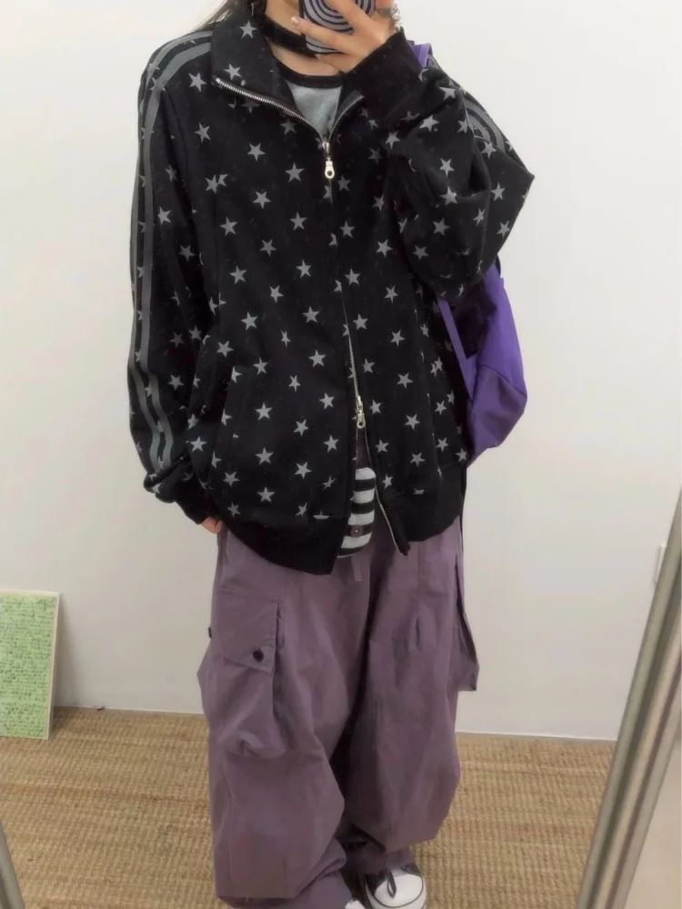 Women'S Fashion Zip Hoodie - เสื้อฮู้ดดี้พิมพ์ลายดาวสำหรับผู้หญิง ซิปเต็มตัว ซับในด้วยผ้าฟลีซ แจ็คเก็ตสไตล์ Y2K สตรีทแวร์