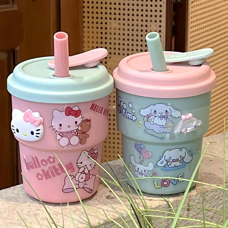 Cute Three-dimensional Sticker Sanrio Kitty Water Cup New Cinnamoroll Straw Cup Portable Sports Coffee Milk Cup Girl Good Gift