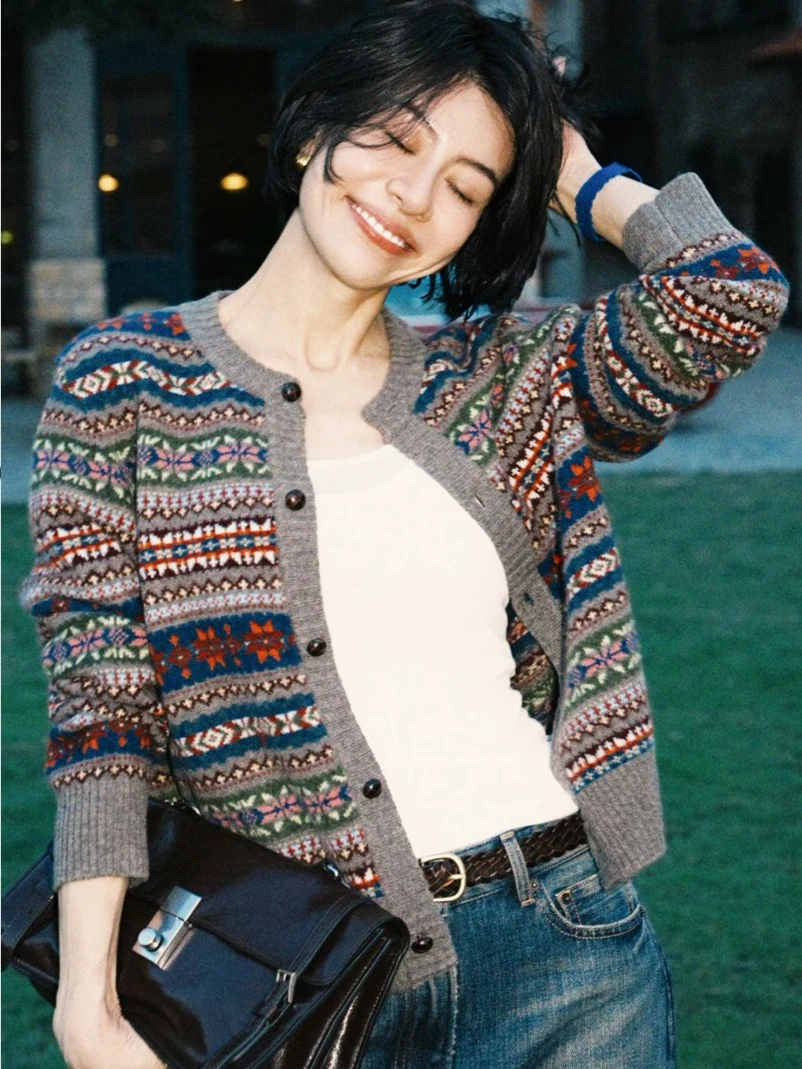 

Женский вязаный шерстяной кардиган, свитер, осенняя утягивающая верхняя одежда, цветной дизайн, Fair Isle Motif Long Sve round Ne