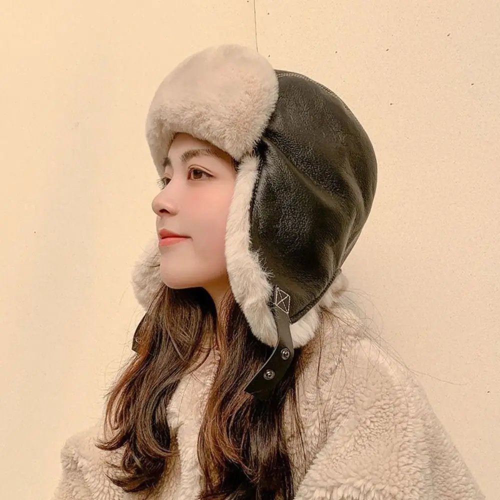 

Fashion Pu Leather Winter Pilot Hat Beanie Caps Windproof Warm Ski Hat Thickened Warm Cycling Lei Feng Hat Motorcycle