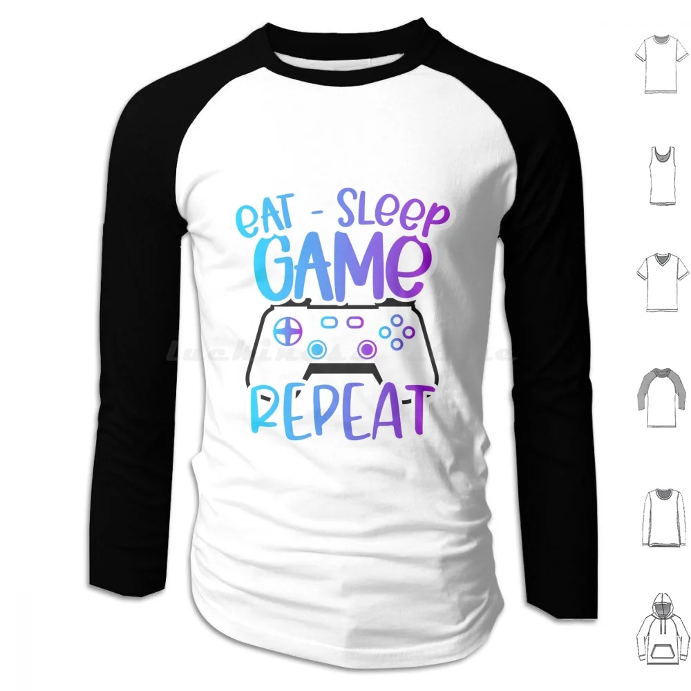 Eat , Sleep , Game , Repeat Hoodies Long Sleeve Game Degraded Blue Purple Controller Console Player Gaming Gamer Life