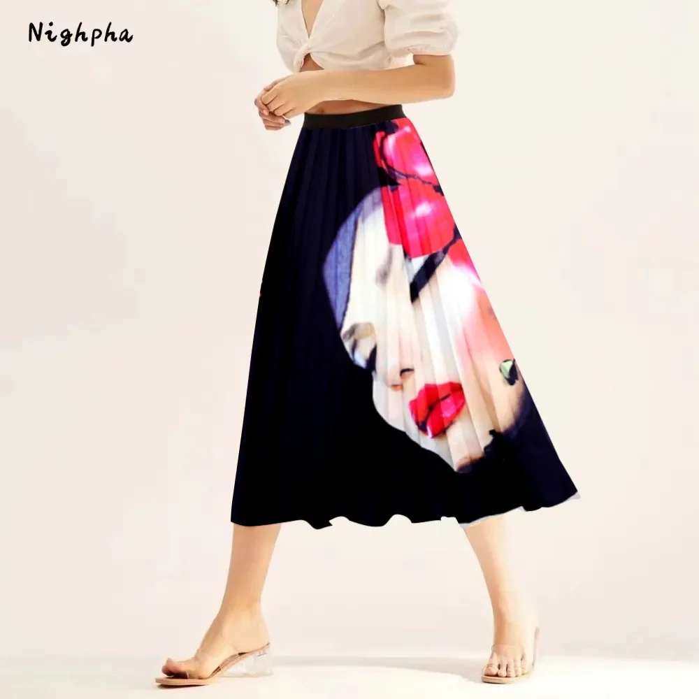 

Nighpha Women's Black Cartoon Pleated Skirt Elastic High Waisted Midi Long Skirt Causal Big Swing A-Line Skirts Summer