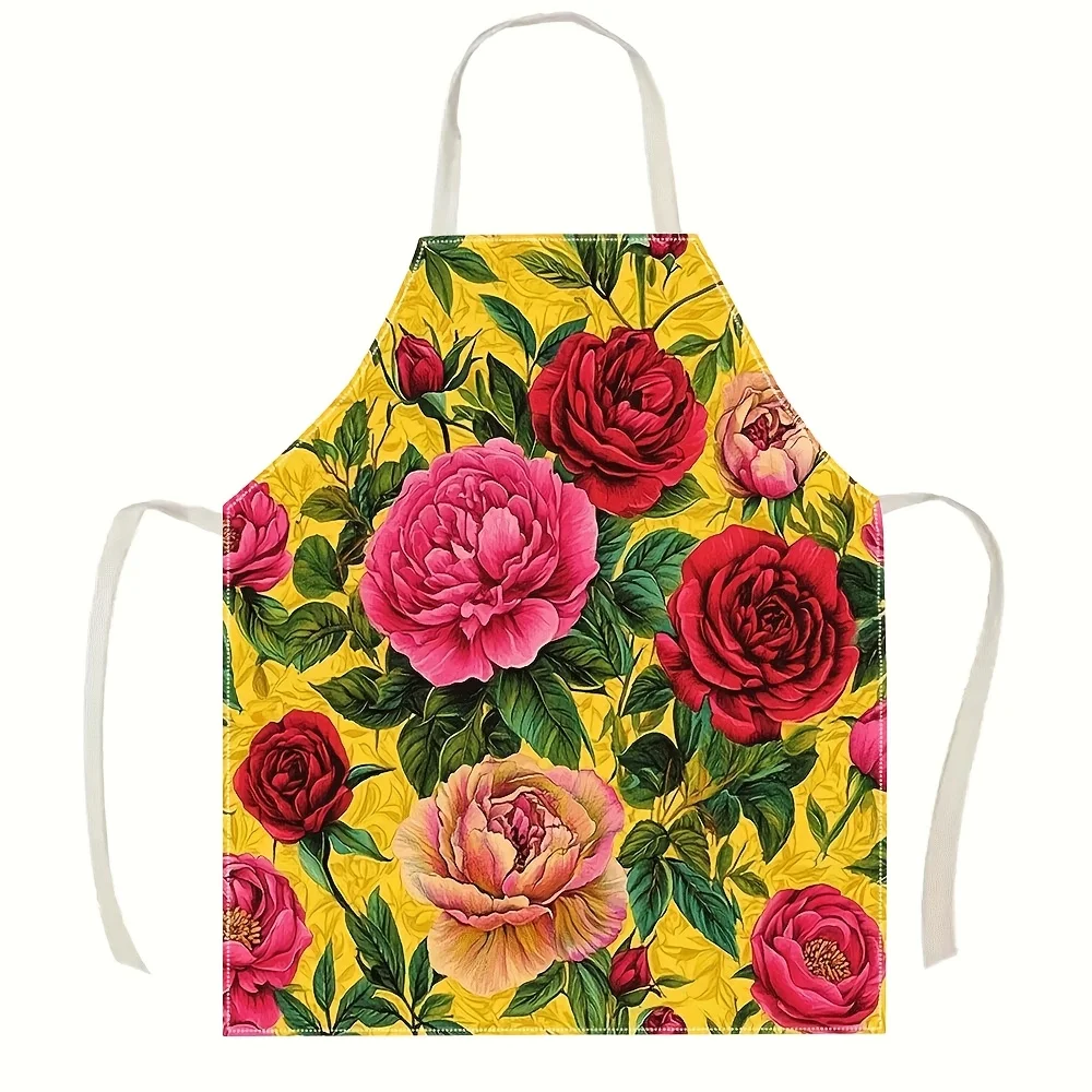 

1pc Floral Apron Linen Kitchen Cooking Baking Gardening Gift For Her Women Mom Wife Floral Print Yellow Pink Roses Vintage Style