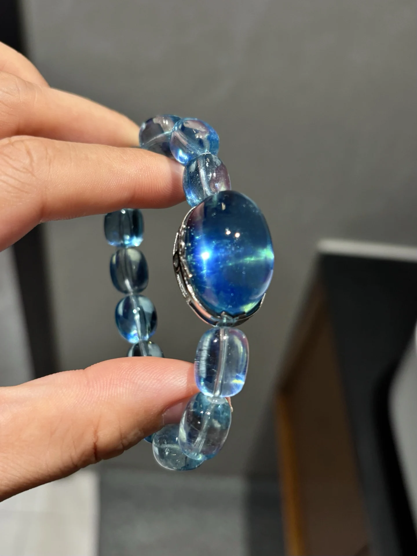 Natural Blue Aquamarine Clear Round Beads Bracelet Pendant Women Men Brazil 29x19mm Stretch Blue Aquamarine Jewelry AAAAA