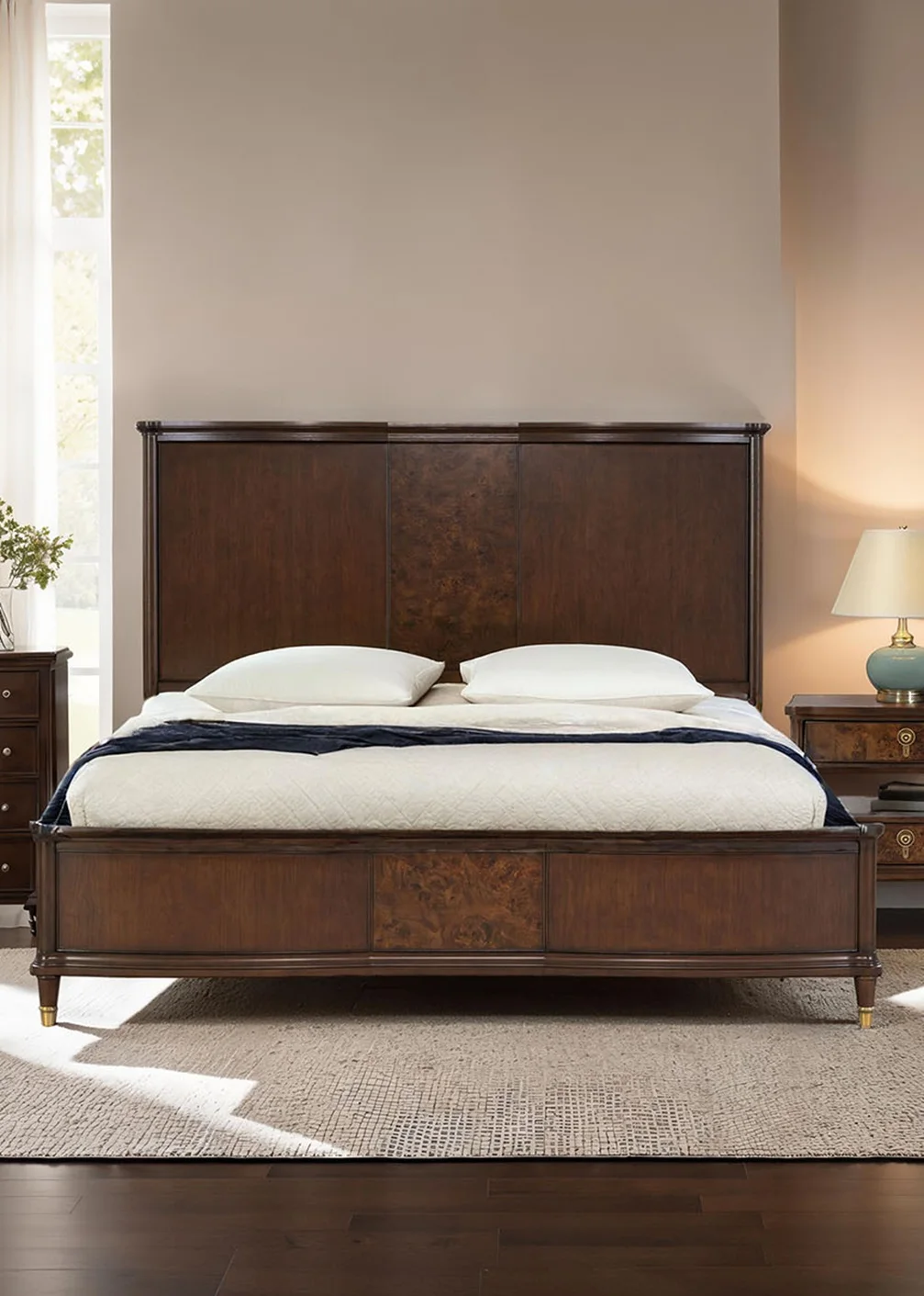 # Style Adjustable Soft Bed 1pc Queen Size Dark Cherry Finish Panel Bedframe With Gold-Capped Legs