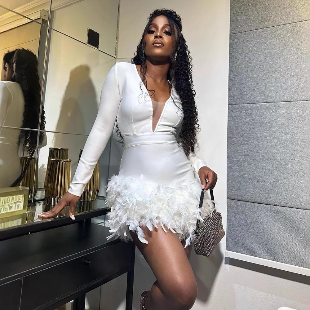 

Sexy Solid Feather Hem Women Cocktail Dress Deep V-Neck Long Sleeve High Waist Bodycon Dress Chic Prom Club Evening Midi Dresses