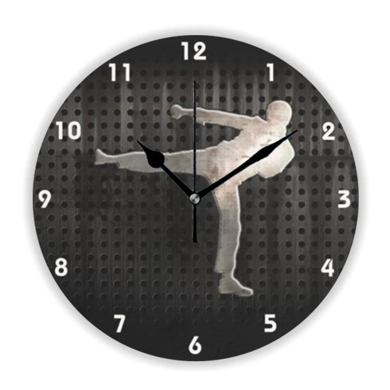 Cool Grunge Industrial Metal Look Martial Arts Karate Kicking Wall Clock Watch for Kid Bedroom Boy Taekwondo Wall Art Gift Decor