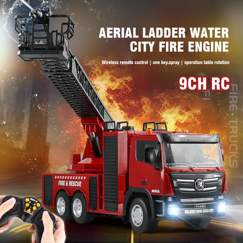 ﻿Huina RC Fire Truck 9CH 1/18 Big Remote Controlled Fire Rescue Car Simulated Ladder Car Fire Sprinkler Truck Light Toys for Boy