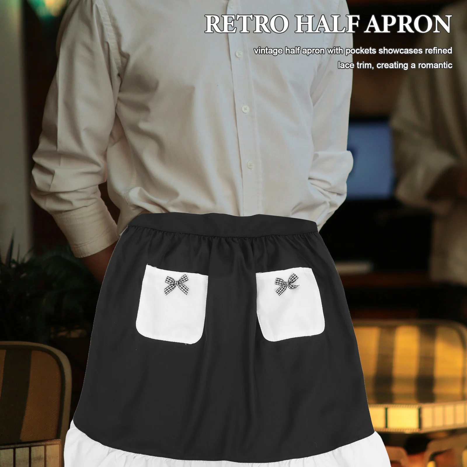 

Maid Waist Apron Vintage Half Apron With Pockets Retro Ruffle Design Women Cooking Cleaning Server Bartender Workwear Black