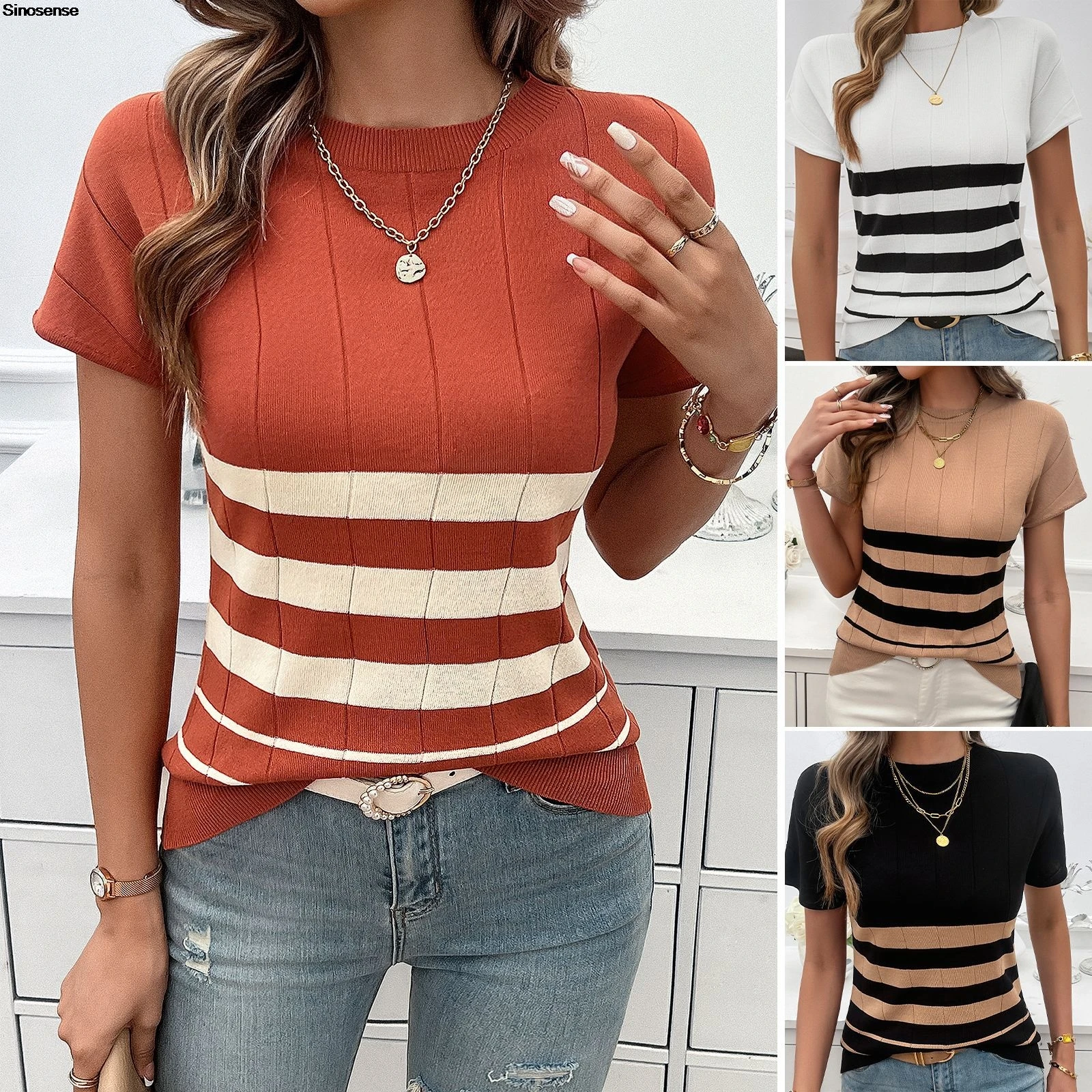 

Women Color Block Striped Short Sleeve Sweaters Crew Neck Casual Pullover Tops Ribbed Knit Summer T-Shirts Trendy Outfits
