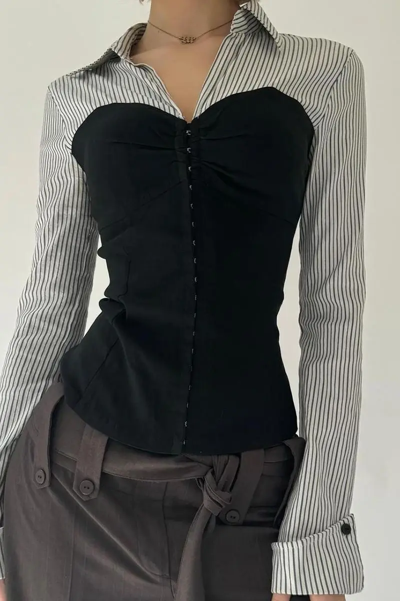 

Korejpaa Autumn Women Shirt Hook Buckle Waist Seal Waist Splicing Shirts Ins Harajuku Streetwear Contrasting Striped Tops