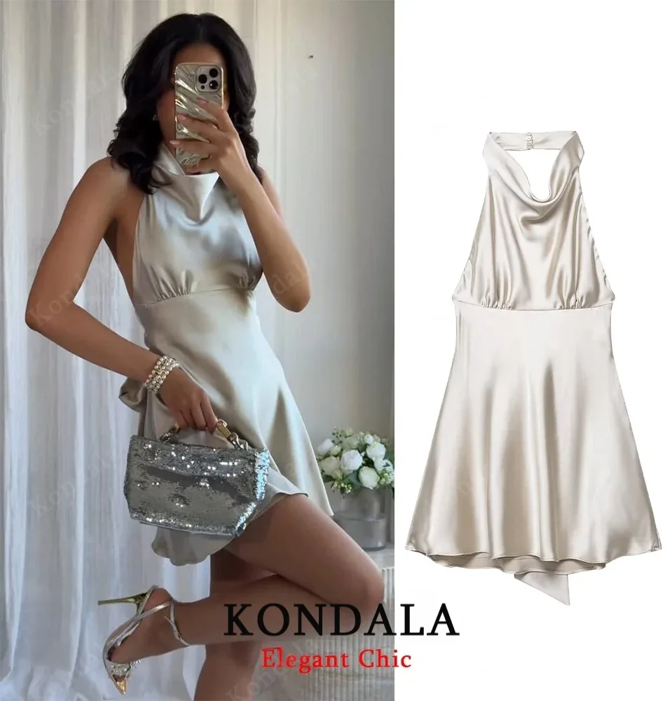 KONDALA Elegante Dame Satijnen Halter Jurk Backless Boog Slanke Mini Jurk voor Vrouwelijke 2025, Lente Zomer Feest Dating Leuke Vrouwen Jurk