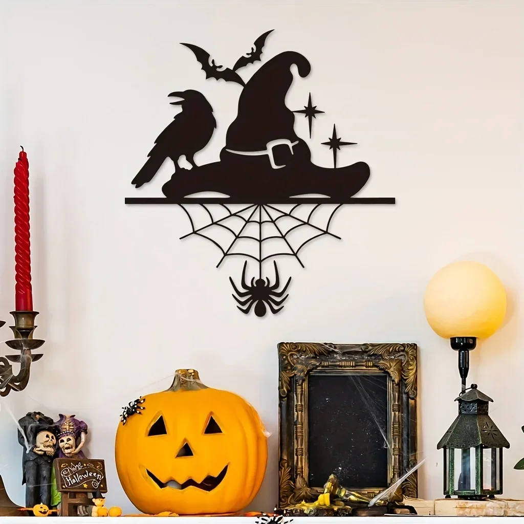 HELLOYOUNG  Halloween Witch Hat Metal Home Decor Spider Web Bat Crow Sign Wall Mounted Art Halloween Day of The Dead Home Party