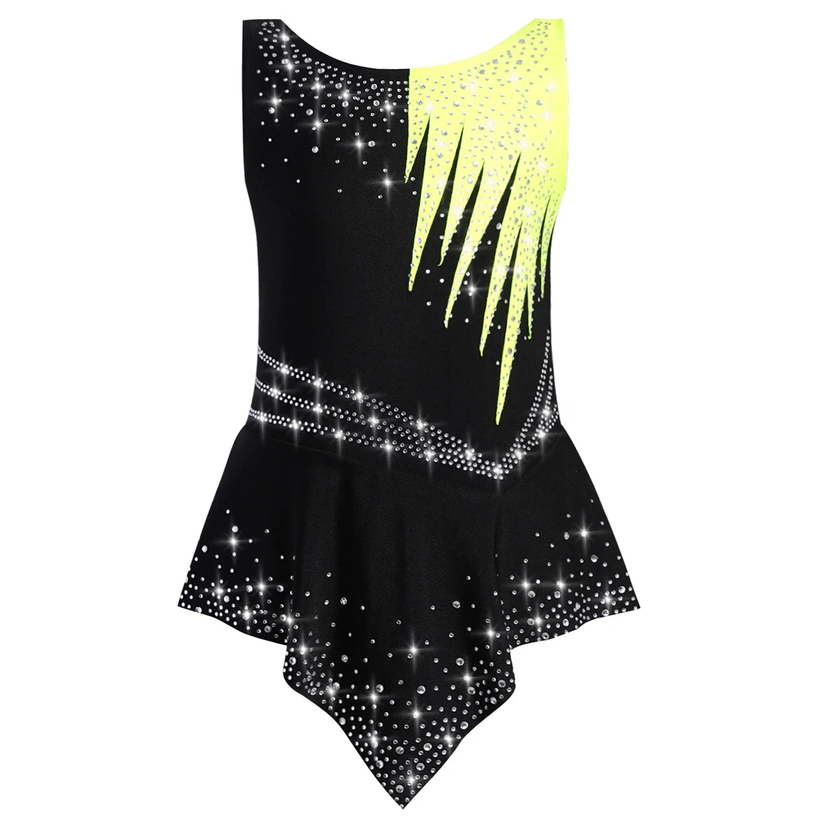 

Kids Girls Rhythmic Gymnastics Sleeveless Leotard Shiny Rhinestones Contrast Color Bodysuit Competition Performance Costume