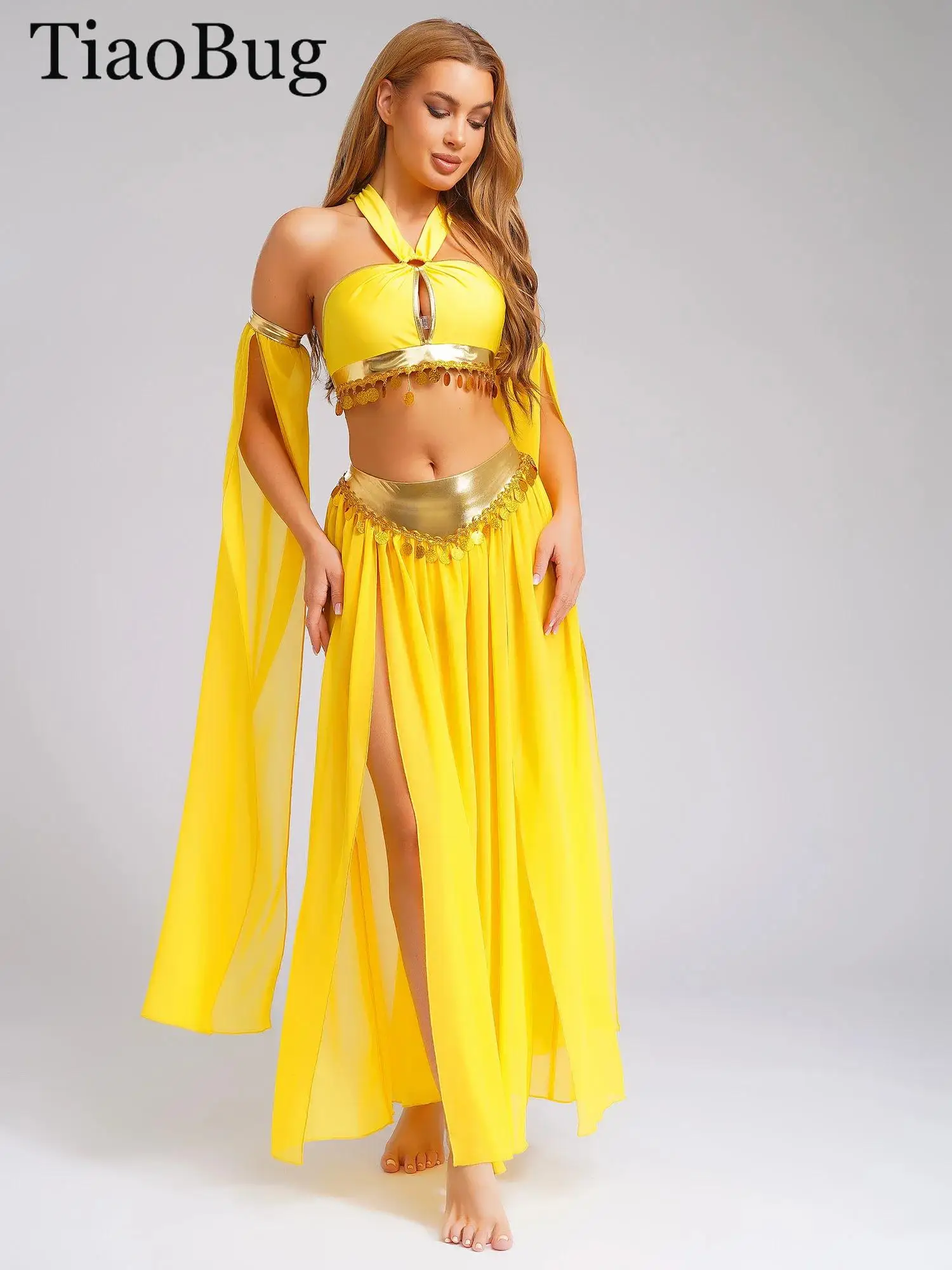 

Women Halloween Cleopatra Ancient Egyptian Queen Costume Halter Crop Top with Split Chiffon Skirt Sleeves Belly Dance Outfits