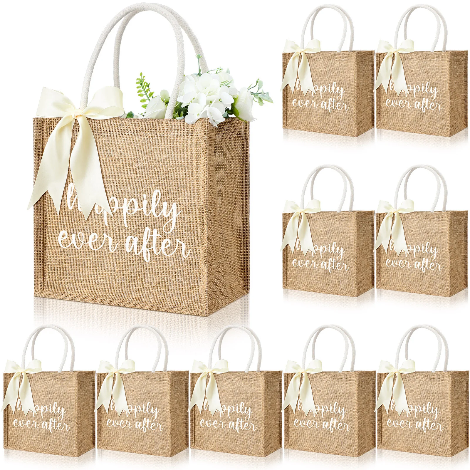 

10 Pack Wedding Burlap Bags Happily Ever After Jute Tote Bags with Handle and Ribbon for Guest Bridesmaid Gift Bridal Shower