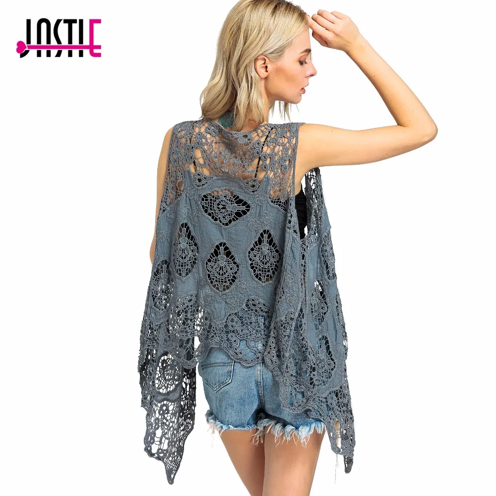 Jastie Hippie Froral Patch Design Vest, Vintage Retro Crochet, Verão Praia Cover Up Top, Quimono de ponto aberto assimétrico