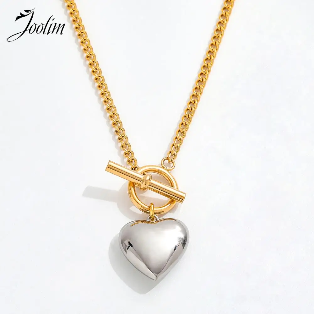 

Joolim Jewelry High End PVD Wholesale Two-tone Heavy Love Heart Pendant Toggle Sweater Chain Stainless Steel Necklace for Women