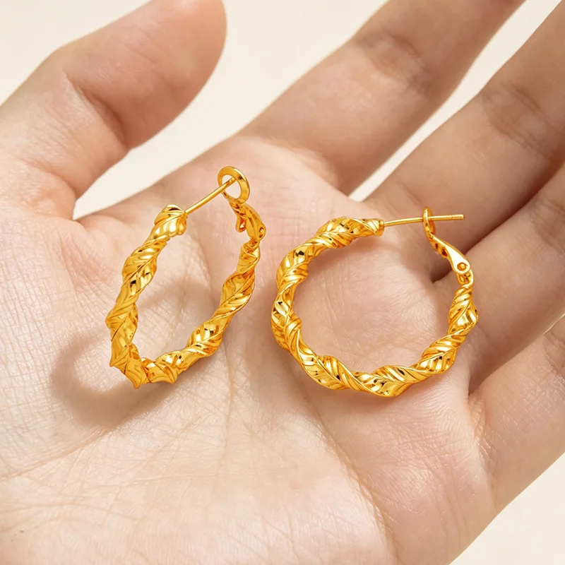 Luxury 24K 9999 Pure Gold real gold Twist buckle earring women's circle earrings