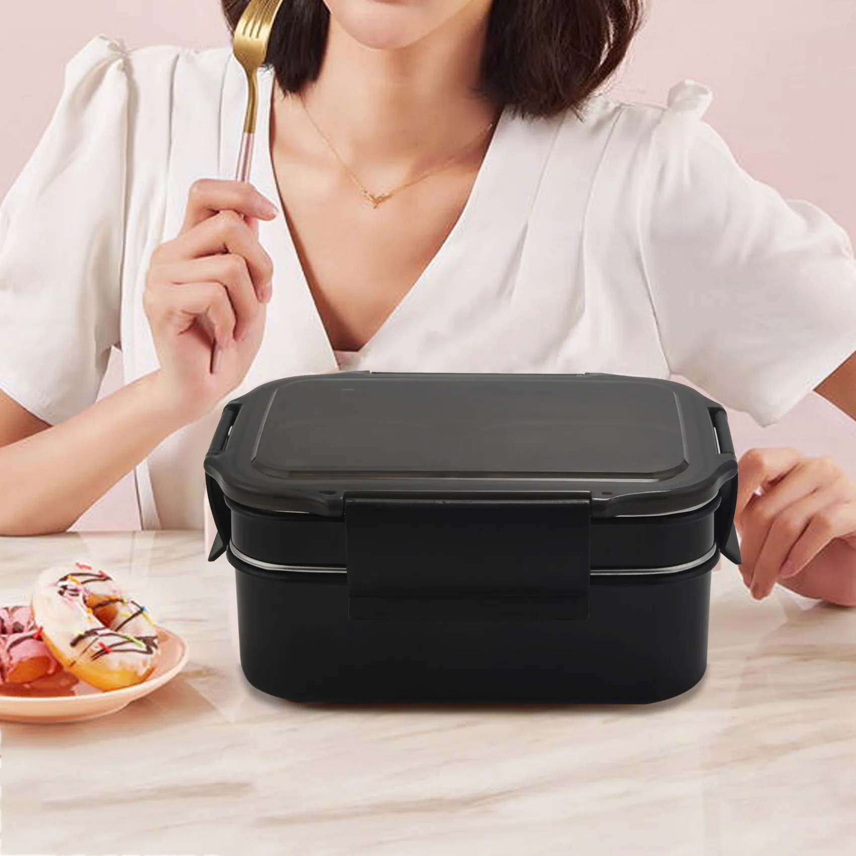 304 Stainless Steel Stackable Compartment Lunch/Snack Box 2-Tier Bento/Food Container for Adults or Kids Black