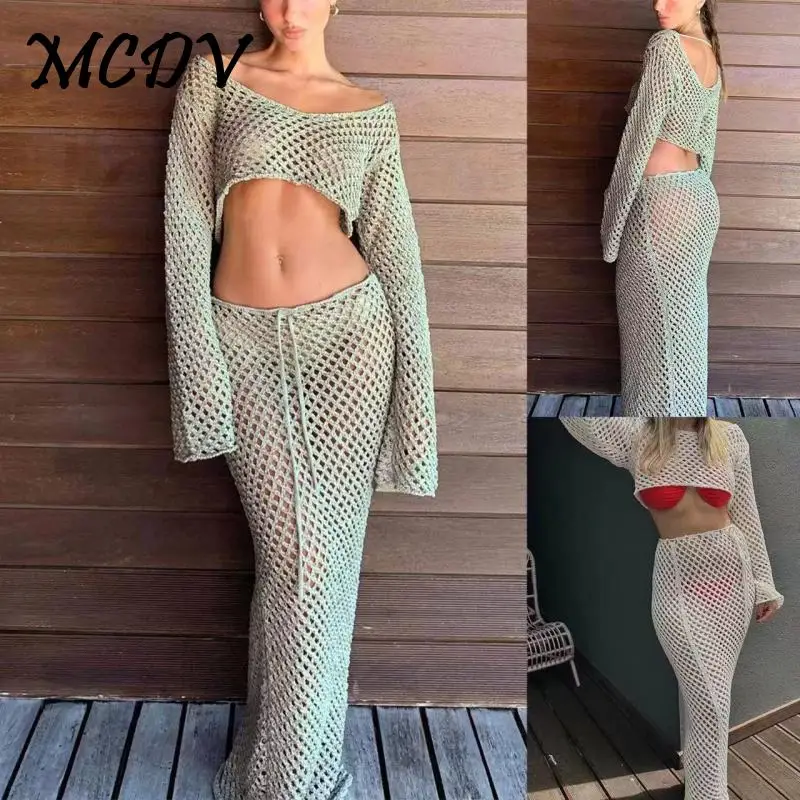 White Knitted Mesh Beach Skirt Sets Women Long Sleeve Hollow Out Holiday Outfits Sexy Sheer Two Piece Suit 2024 Summer Beachwear