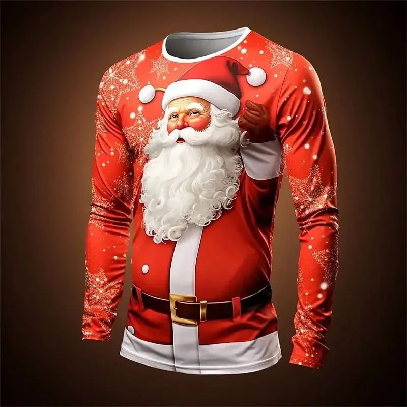 الرجال الخريف والشتاء ثلاثية الأبعاد مطبوعة سانتا كلوز بأكمام طويلة تي شيرت فضفاض تنفس تي شيرت غير رسمي في الهواء الطلق الشارع بلوزات على الموضة #3
