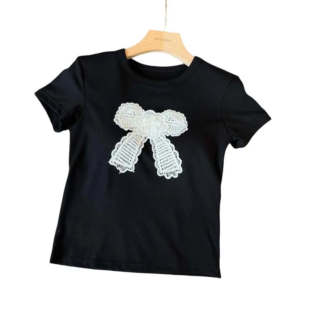 

Casual Top Cotton Korean Bow T-shirts Bowknot With Chest Pads Y2K Crop Tops Undershirt Korean Style Short Shoulder Tops Student