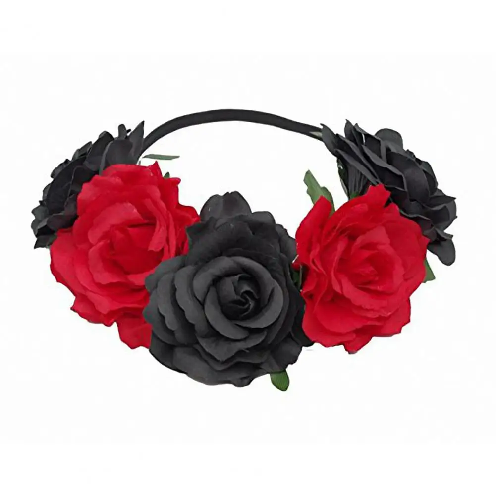 Rose Flower Crown Elegant Women Headband Handmade Hair Hoop 5 Artificial Roses Elastic Bohemia Style Hair Hoop Hair Accessory
