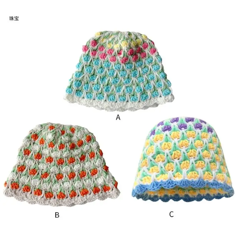 

X5QE Sweet Girls Crochet Tulips Pattern Bucket Hat Ladies Fisherman Color Matching Woman Teens Casual Sunproof Hat