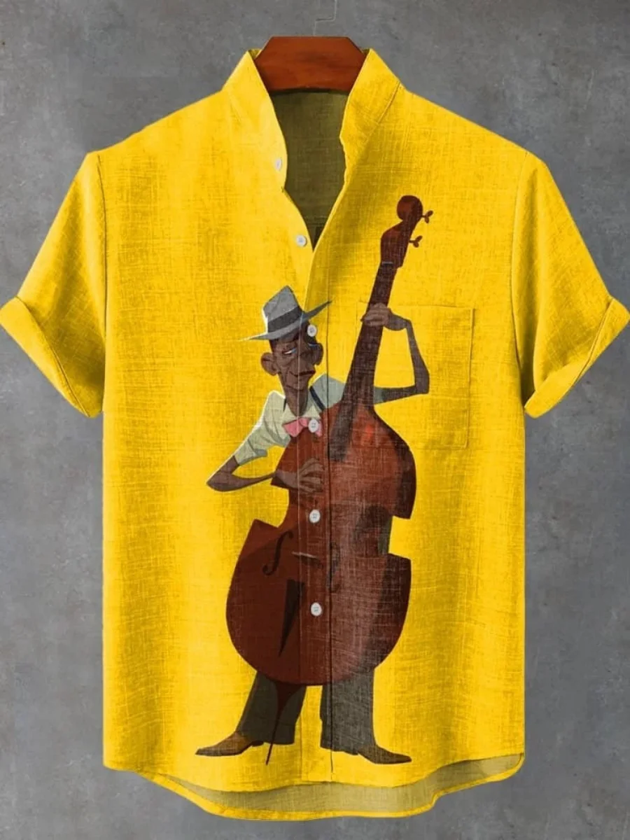 2025 남성 첼로 악기 테마 반팔 셔츠 여름 레트로 뉴 린넨 남성 반팔 탑 레저 휴가 스트리트웨어