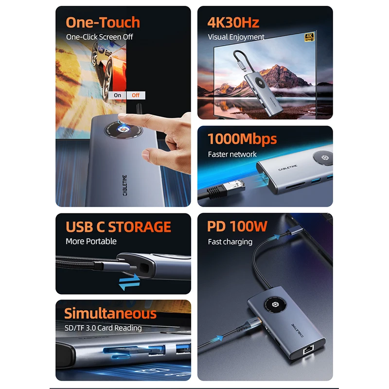 CABLETIME 8 in 1 USB C HUB 4K Type C Hub to HDMI PD100W SD&TF LAN USB3.0 5Gbps Splitter Adapter for Laptop Macbook Pro Air Dock