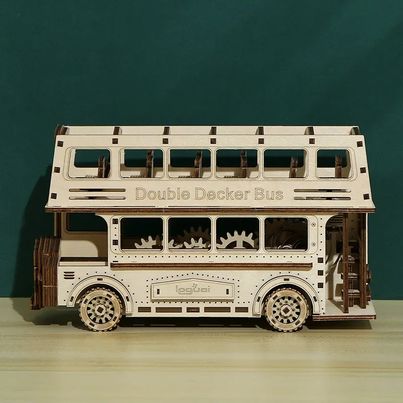 Drewniane puzzle 3D dwupoziomowy model autobusu drewniane zestawy klocków budowlanych DIY montaż układanka zabawka dla dzieci dorośli kolekcja prezent