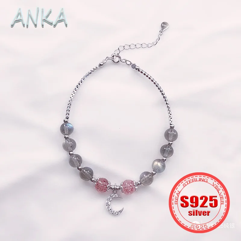 ANKA NEW S925 Sterling Silver Bracelet Plated Pt950 Natural Strawberry Crystal Women Bracelet Crescent Moonstone Jewelry