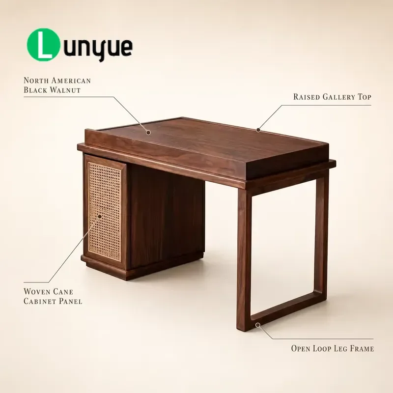 North American Black Walnut Writing Desk with Rattan Cabinet Modern Rectangular Ring Leg Study Table for Home Office Hotel
