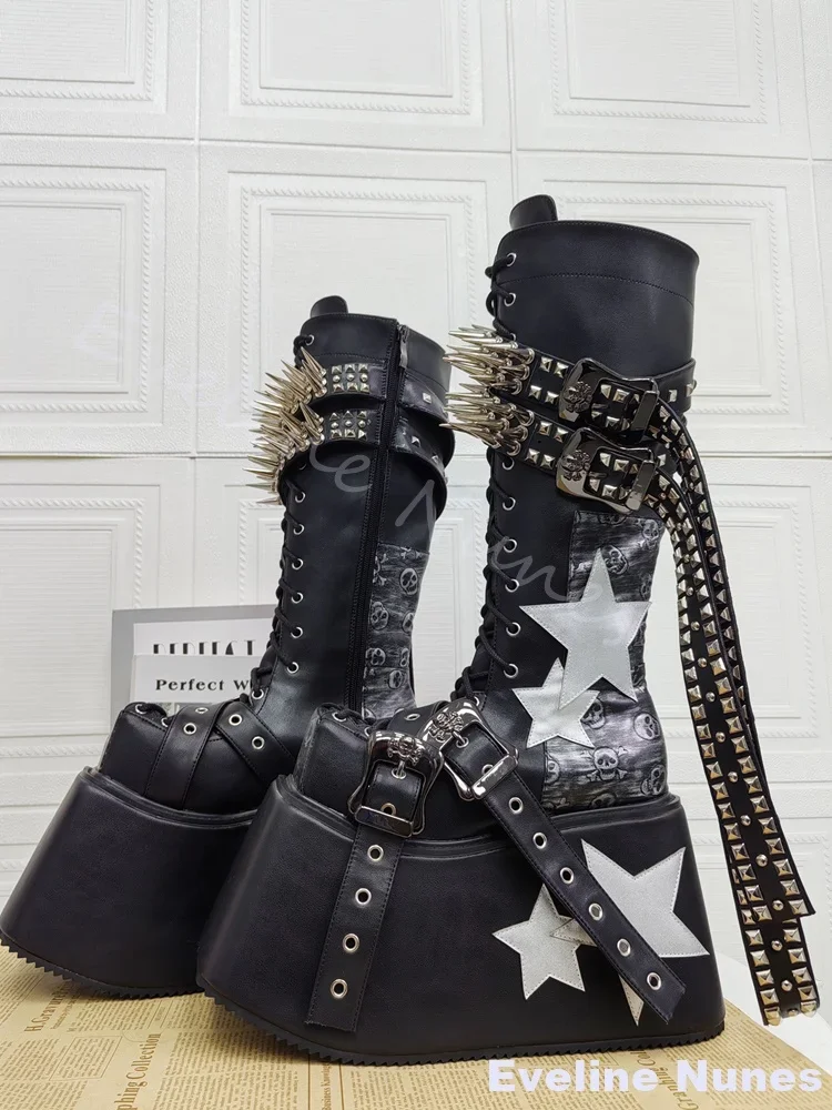 Square Toe Super High Heeled Platform Boots Men Punk Spiked Skull Five-star Print Knee High Boots 2026 New Cool Gail Long Boot