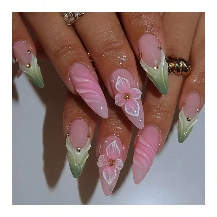 

Press On Nails - New 3D Three-Dimensional Amber Blue French Style Wear Nails With Rhinestones And Pearls Fresh And Fashionable Fake Nails