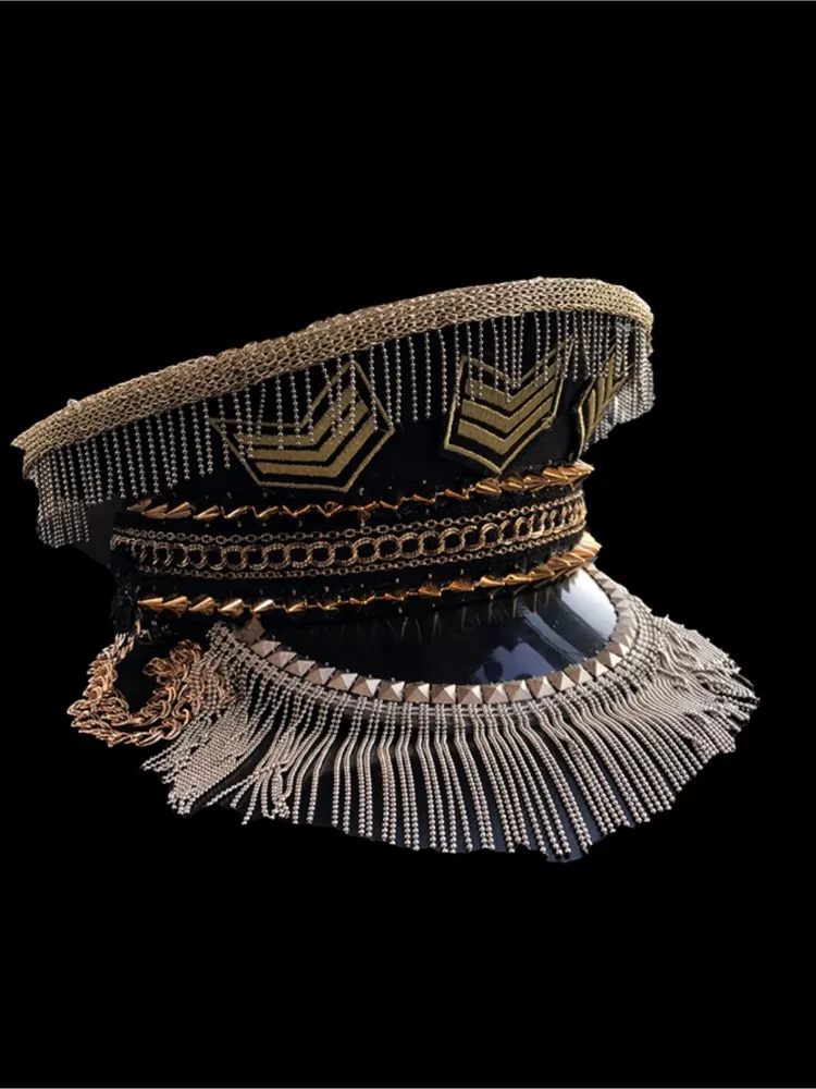 

Handsome Punk Golden Rivets Metal Fringe Decoration Hat Uniform Party Bar DJ Performance Singer Cap Women