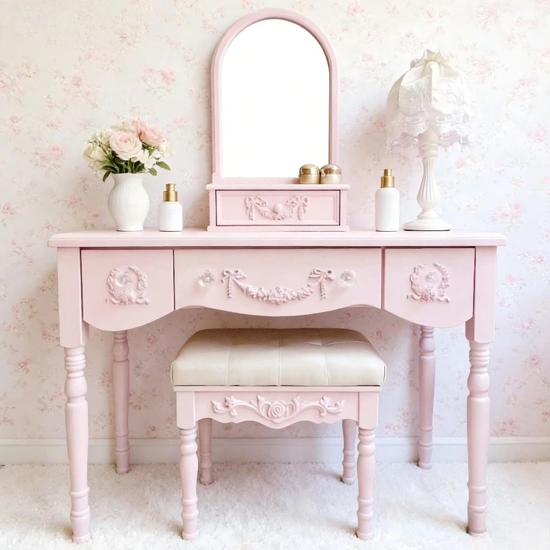 Vintage Carved Solid Wood Dressing Table, Dopamine Bedroom Makeup Desk, Girly Vanity & Writing Table for Small Space