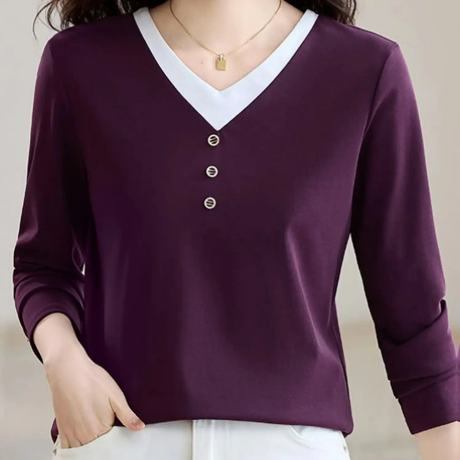 

Full of texture, long-sleeved T-shirt for women, slim, fashionable, color-blocked T-shirt, spring and autumn new trendy tops