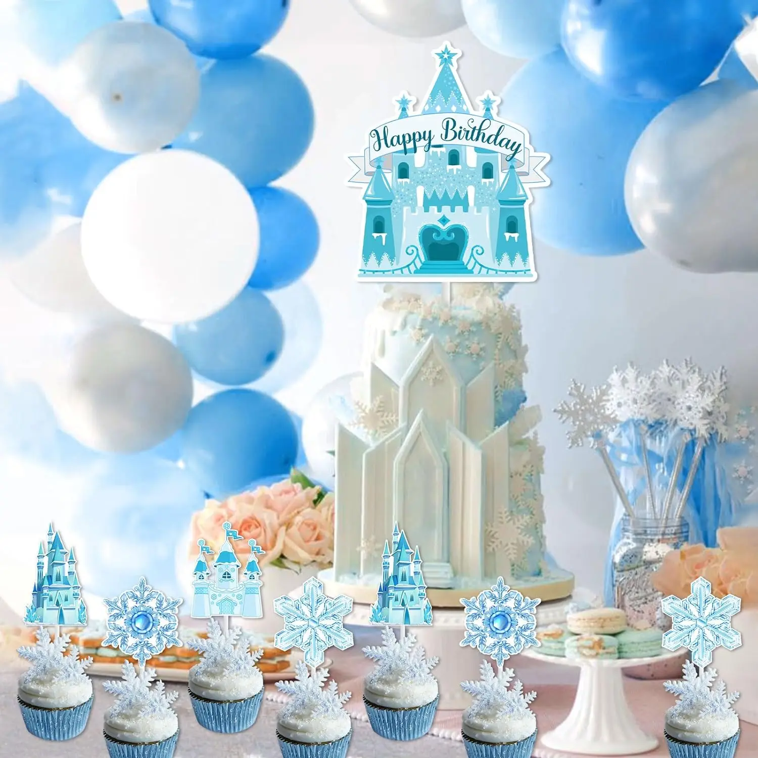 Winter Princess Castle Birthday Cake Topper Decor Snowflake Theme Castle Cake Topper for Winter Wonderland Birthday Supplies