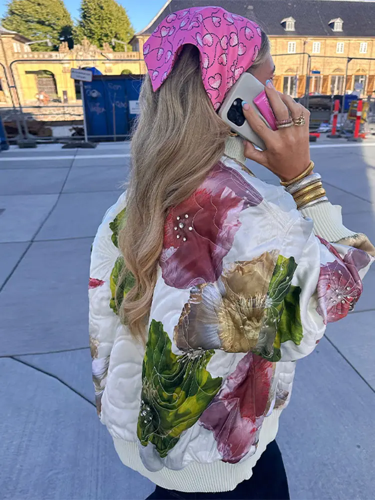 

Chic Colorful Flower Print Women's Oversized Bomber Jackets Fashion Bling Rhinestone Zipper Coats 2024 Lady Loose Warm Outerwear