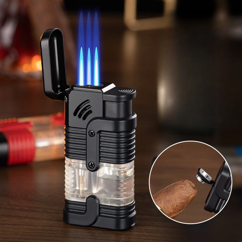 

Multifunctional Lighter with Cigar Cutter High Power Triple Fire Lighter Creative Inflatable Metal Transparent Windproof Lighter