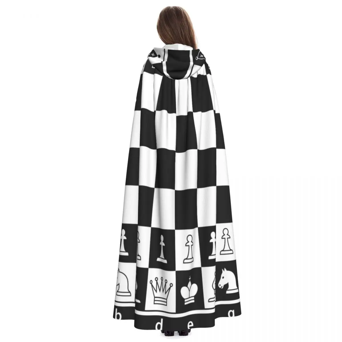 Adult Cloak Cape Hooded Black And White Chess Board Medieval Costume Witch Wicca Vampire Elf Purim Carnival Party