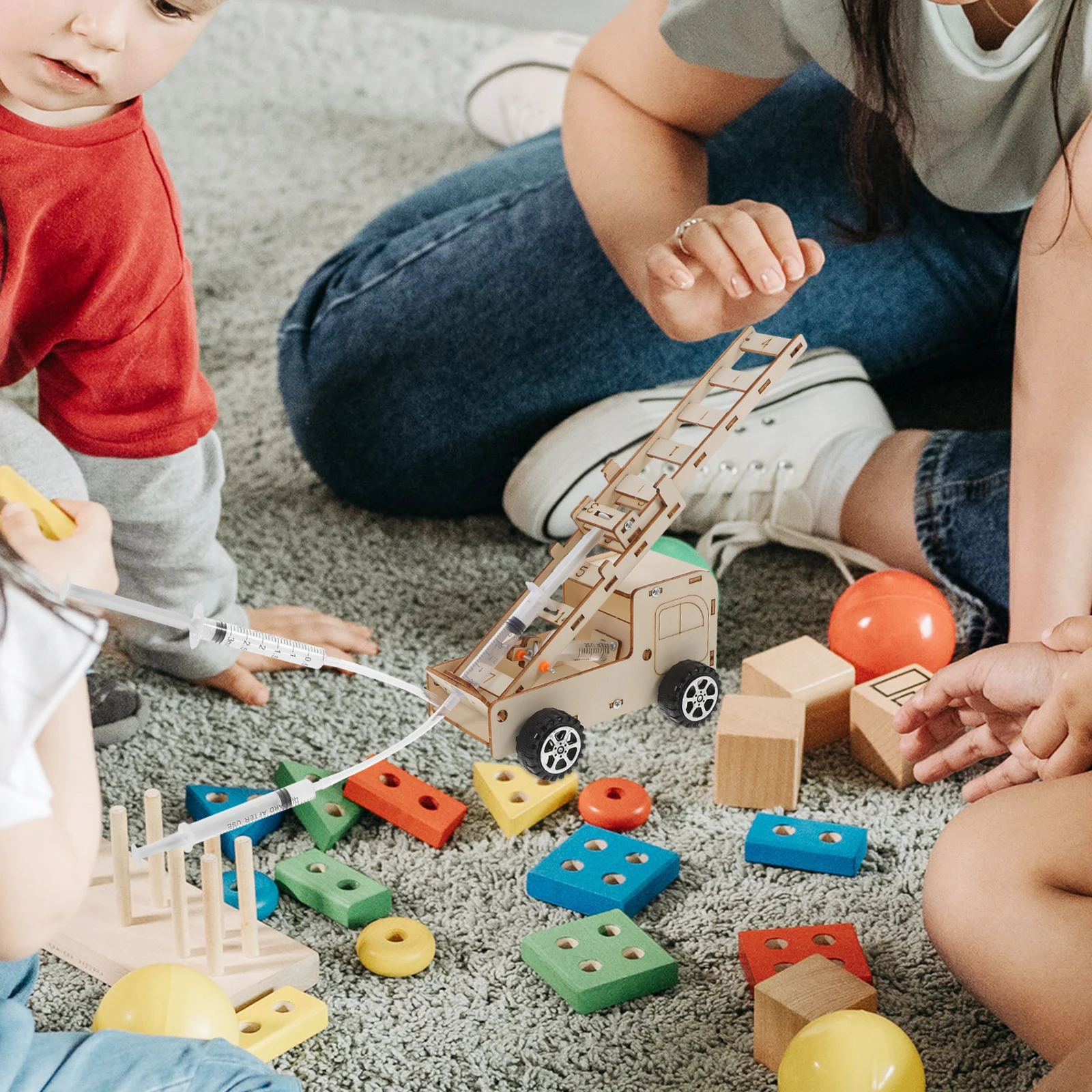 1 Juego de camión con escalera de fuego Diy, Kit de experimentos científicos educativos de madera para niños, ensamblaje desmontable portátil, rompecabezas, construcción de vástago